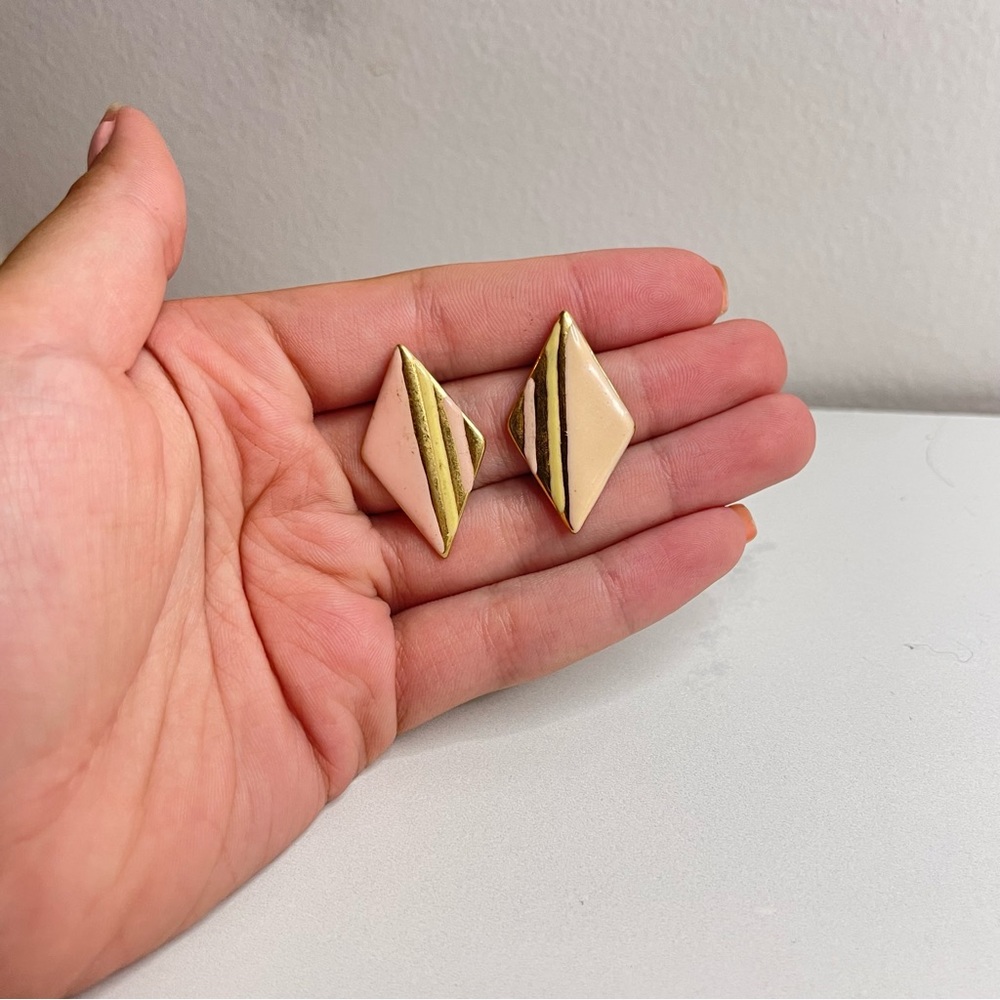 vintage triangle stud earrings gold and pink